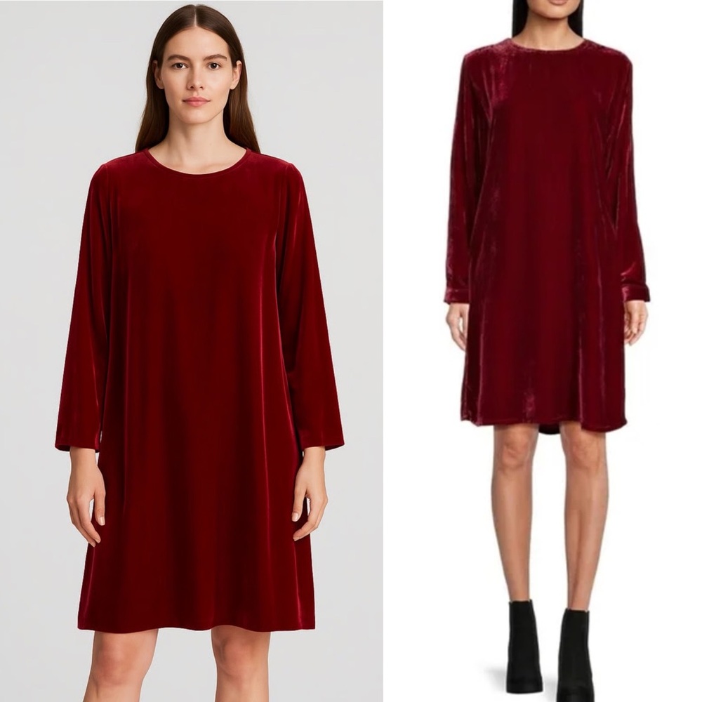NWT Eileen Fisher Velvet Silk Crew Neck Long Sleeve Shift Dress Sz L